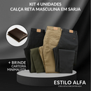 [Kit 4 Unidades] Calça Reta Masculina em Sarja  + Carteira de Brinde